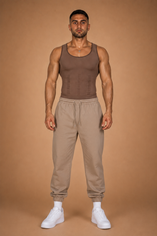 the cinch — brown seamless compression tank worn with sand joggers, full-length front view against warm backdrop