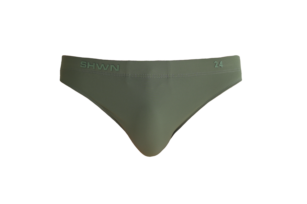 SHWN Battleship swim brief side view — premium Australian mens swimwear