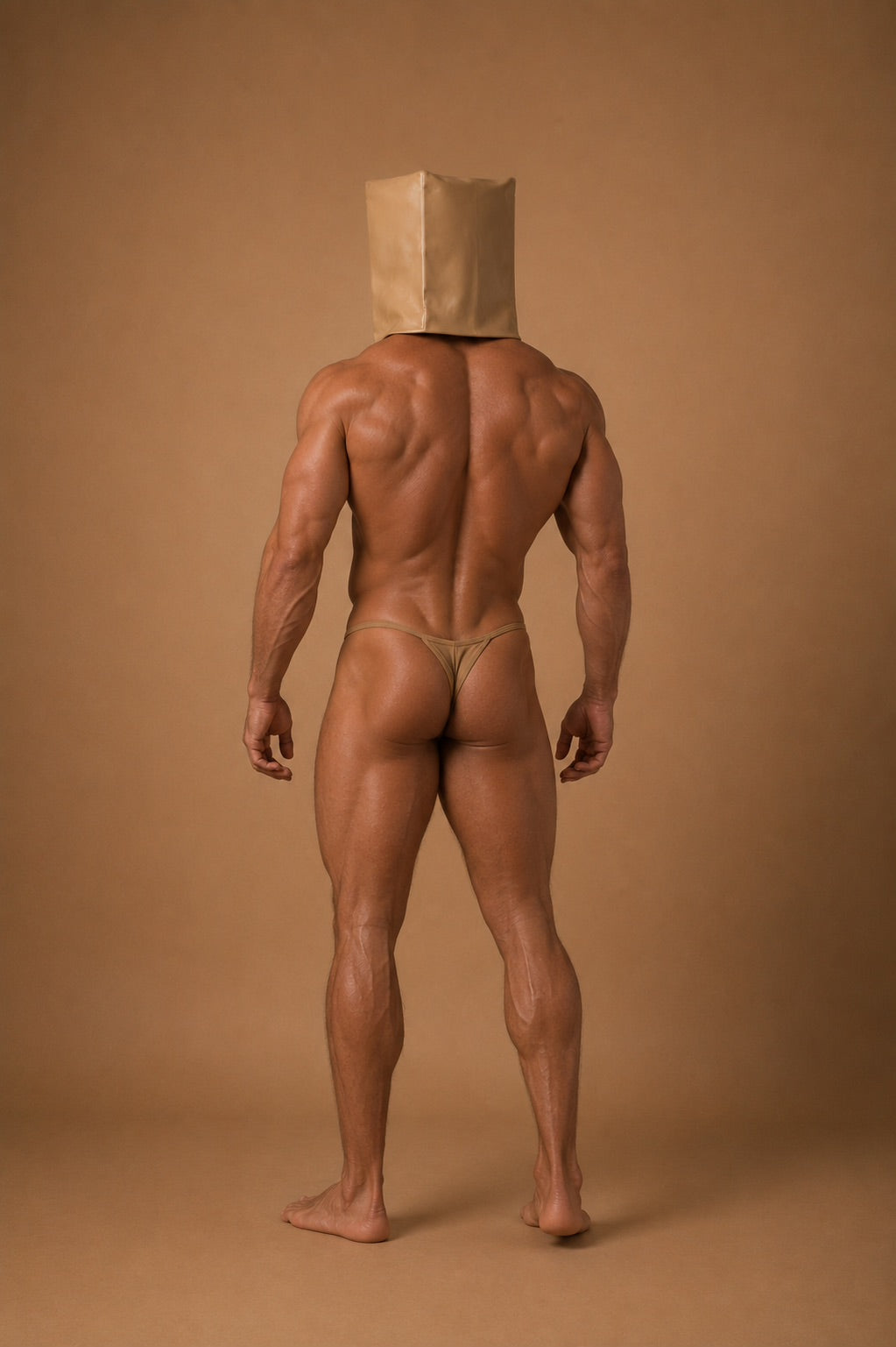 the no one — back view showing full physique, mask worn, warm backdrop