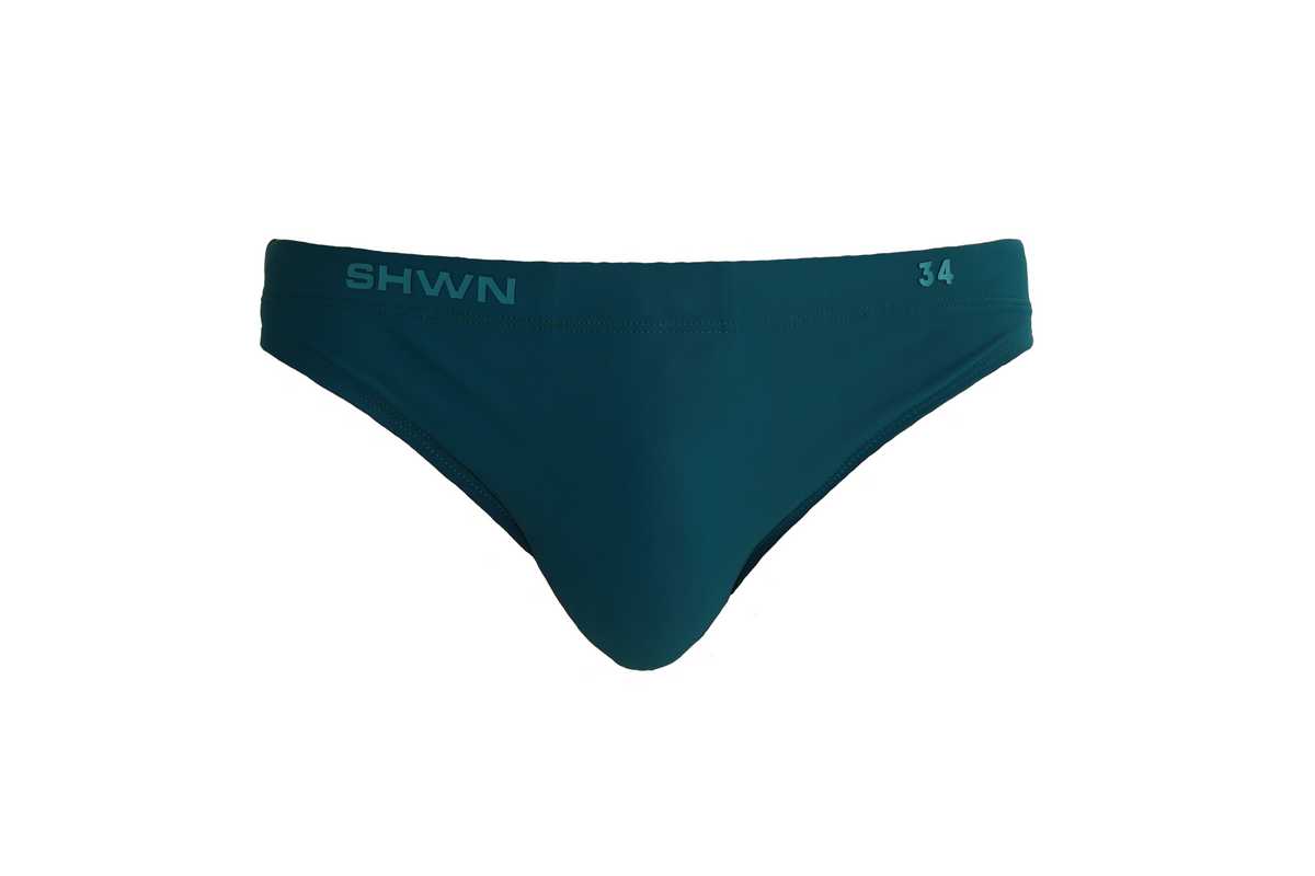 SHWN Pine swim brief side view — premium Australian mens swimwear