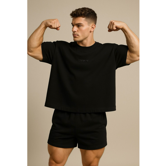 SHWN Nightshift cropped tee — boxy fit minimalist mens t-shirt Australia